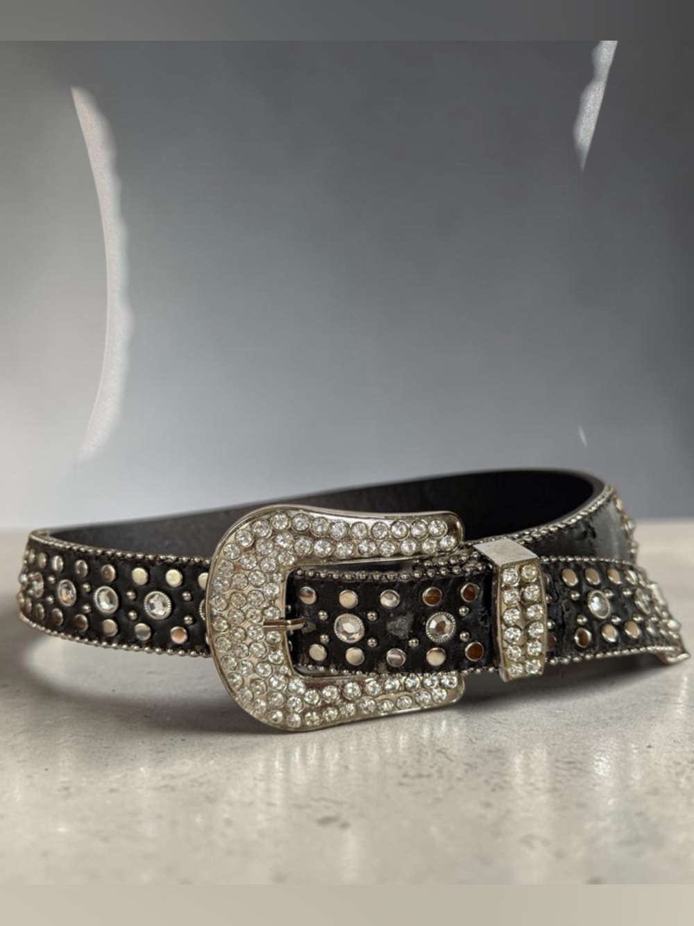 Rhinestone Studded Leather Belt Y2K Western Glam Distressed Black Silver